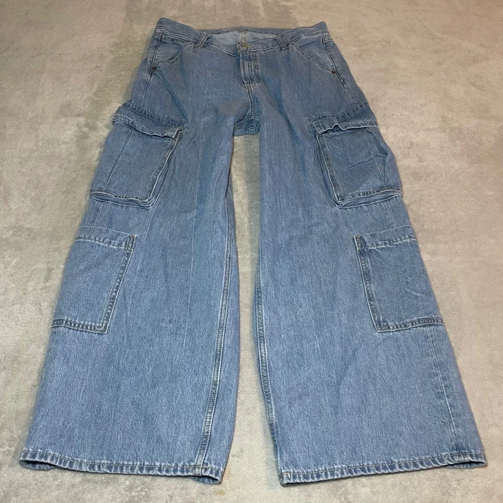 Old Navy Jeans Womens 10 Blue Baggy Wide Leg Cargo Drapey Denim High Rise 33x29